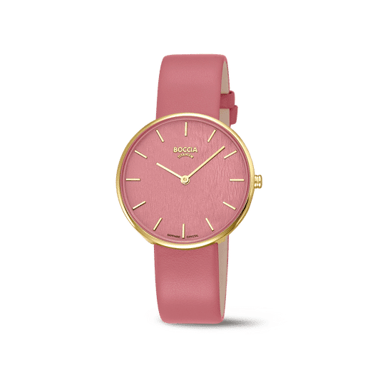 Boccia Damen-Armbanduhr: rotes Lederarmband, goldenes Gehäuse, rosafarbenes Zifferblatt