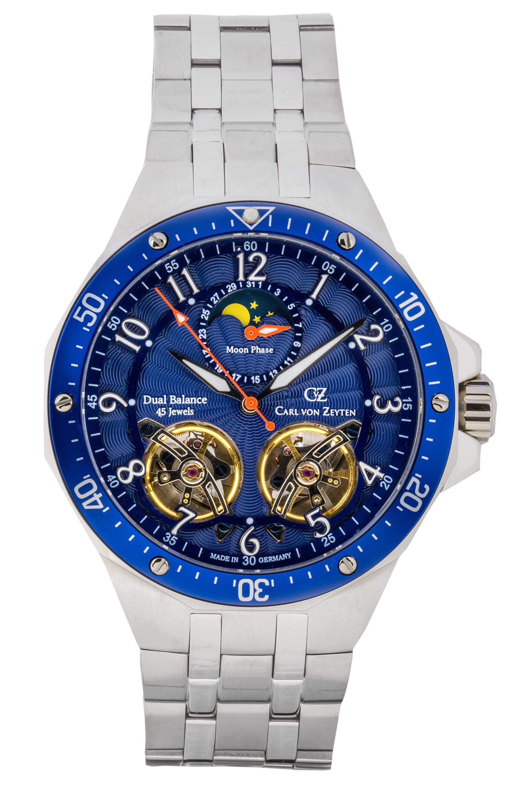 Carl von Zeyten Kirchzarten CVZ0093BLMS Herrenuhr Silber Blau • Mondphase • Saphirglas Automatik