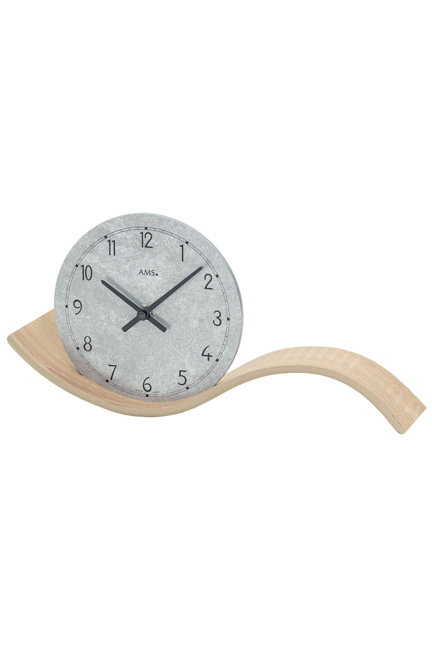 Table clock with round gray dial and wooden base, black hands