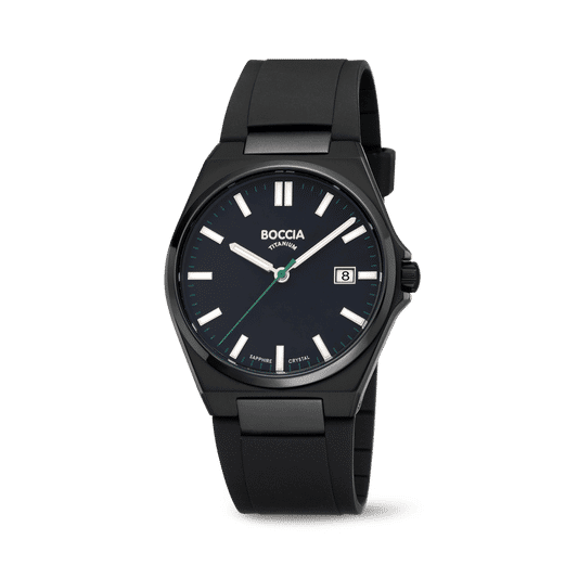 Herrenarmbanduhr mit schwarzem Gehäuse und Armband, blauem Zifferblatt, Datumsanzeige bei 8