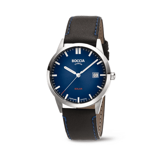 Boccia Herrenarmbanduhr mit Solar, blauem Zifferblatt und Lederarmband, rundes Gehäuse