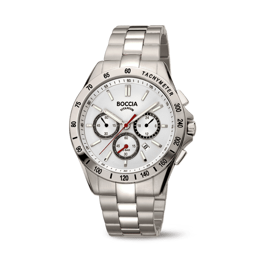 Boccia Herren-Armbanduhr, silbernes Metallband, weißes Chronographenzifferblatt