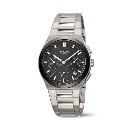 Boccia Herrenarmbanduhr mit Chronograph, schwarzem Zifferblatt und Titankettenarmband