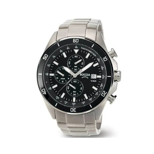 Boccia Titanium Armbanduhr mit schwarzem Zifferblatt und Quarzwerk, Titanarmband
