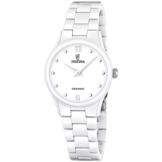 Zegarek damski Festina z białą ceramiczną bransoletą i okrągłą białą tarczą