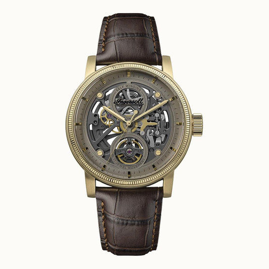 Ingersoll Automatik-Armbanduhr mit grauem Skelettzifferblatt, Lederband, Mineralglas