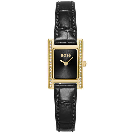 BOSS Damenuhr mit schwarzem Lederarmband, goldenem Gehäuse und Steinbesatz