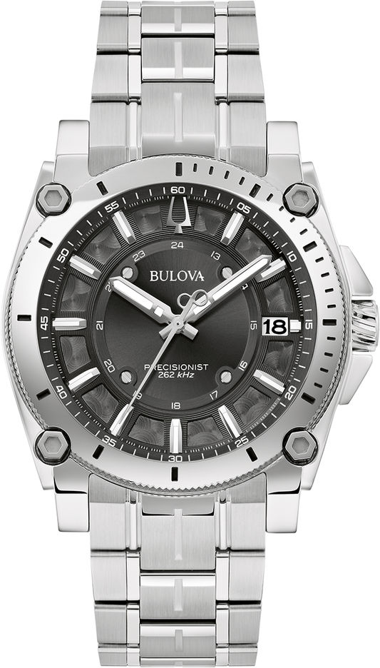 Bulova Herren-Armbanduhr: silbernes Edelstahlarmband, rundes Gehäuse, dunkles Zifferblatt, Datum