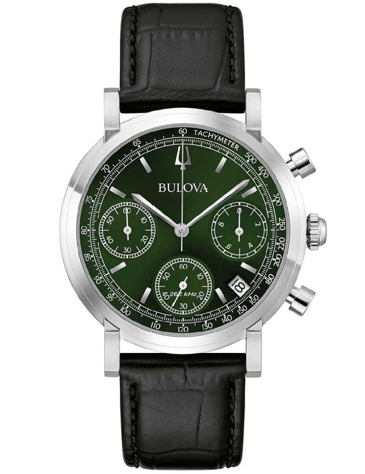 Herren-Armbanduhr mit schwarzem Lederarmband und grünem Zifferblatt, Chrono-Subdials