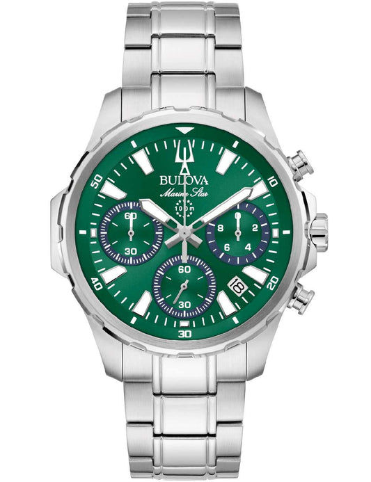 Męski zegarek typu chronograf z zieloną tarczą, stalową bransoletą i srebrną lunetą