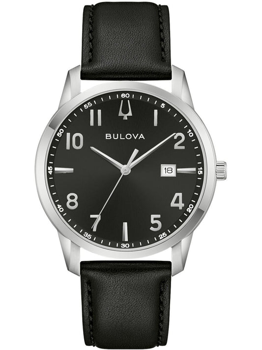 Bulova Armbanduhr mit Edelstahlgehäuse, schwarzem Zifferblatt und Datumsanzeige, Lederband