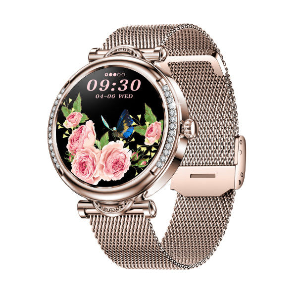 Damen-Aktivitätstracker, goldfarbenes Meshband, rundes Mineralglas mit Blumen-Zifferblatt