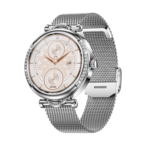 Smartwatch in Silber mit Meshband und rundem Display, beiges Zifferblatt mit Chrono-Optik