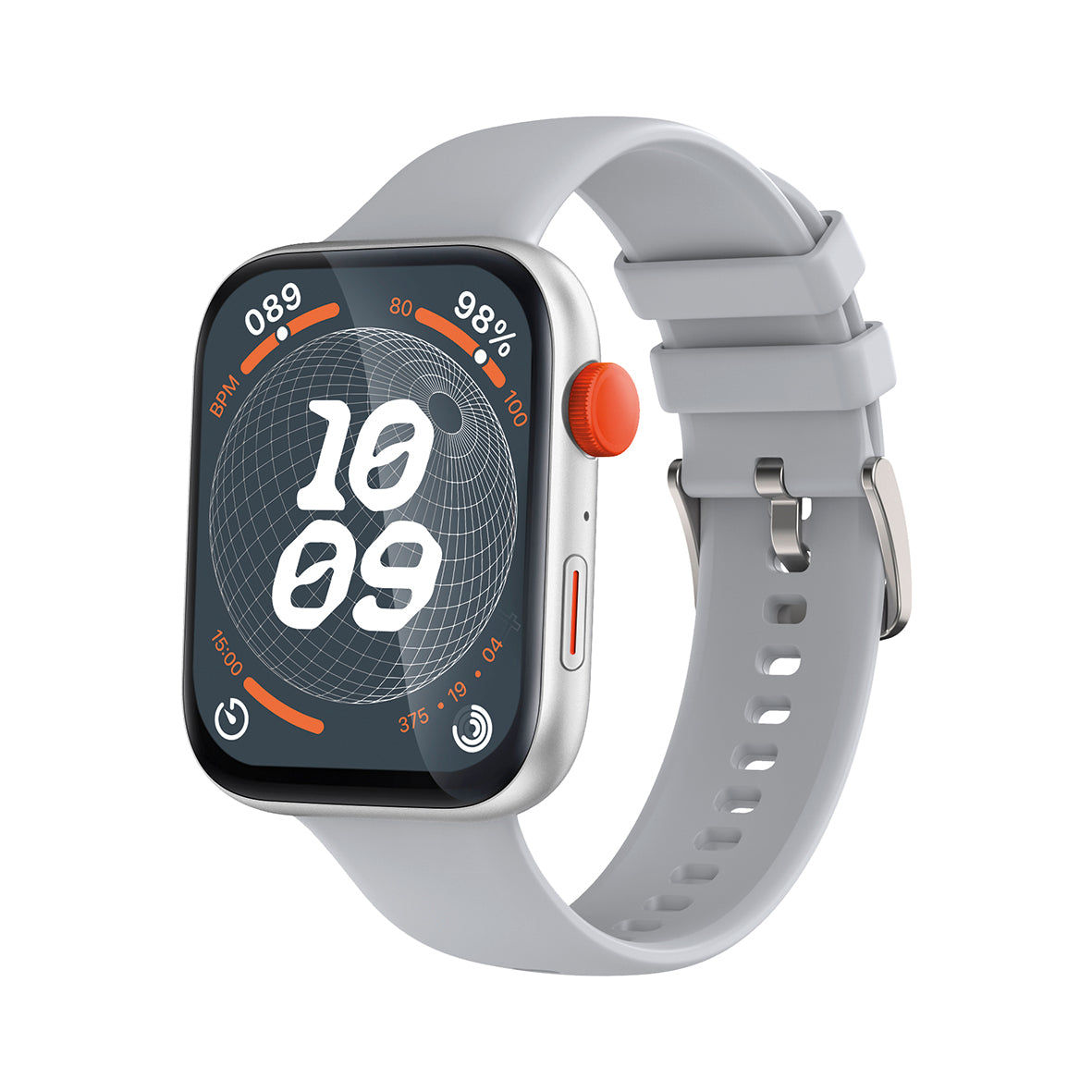 Smartwatch mit silbernem Gehäuse, hellgrauem Armband und quadratischem Display unter Mineralglas