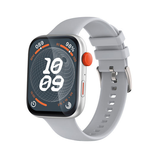Smartwatch mit silbernem Gehäuse, hellgrauem Armband und quadratischem Display unter Mineralglas