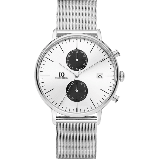 Herrenarmbanduhr mit Chronograph: silbernes Milanaise-Armband, weißes Zifferblatt, Datum