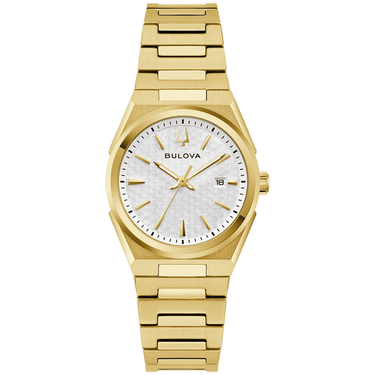Damenuhr mit goldenem Armband und weißem Zifferblatt, Datumsanzeige bei 18 Uhr
