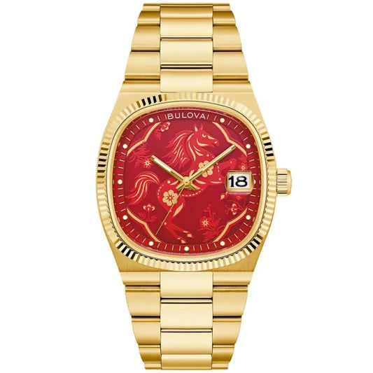 Herren-Armbanduhr mit goldenem Metallarmband, rotem Zifferblatt und Datumsfenster 18