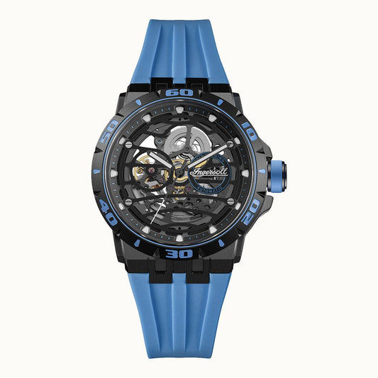 Herren-Armbanduhr mit Skelettzifferblatt, blauem Silikonband und Lünette mit Markierungen