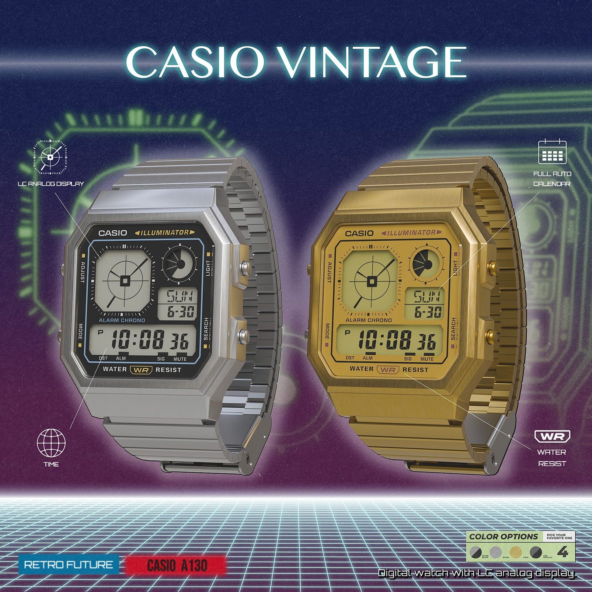 Casio Edgy A130WEG-9AEF Armbanduhr Gold • LCD mit Analoguhranzeige • Retro-futuristisches Design, Bild 7