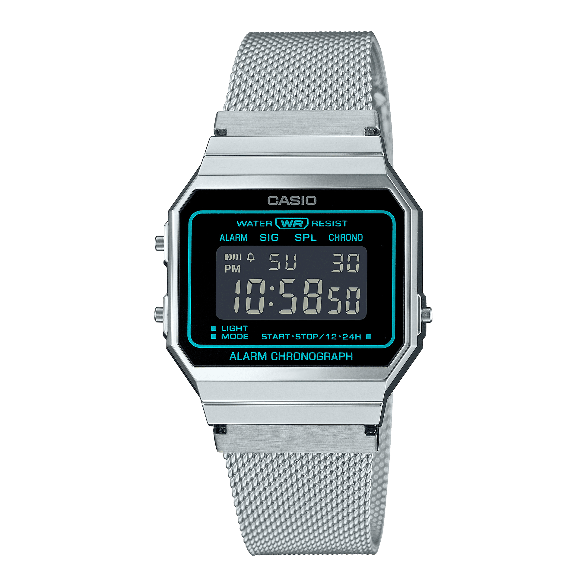 Casio Vintage Digitaluhr mit grünem LCD-Display und Mesh-Edelstahlarmband