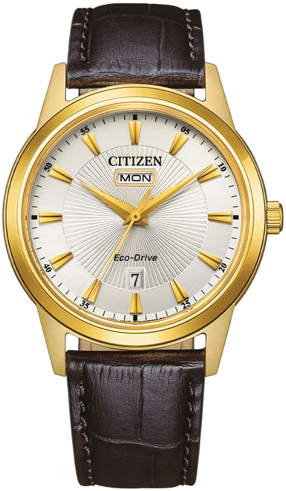 Citizen Herren SolarUhr mit goldfarbenem Gehäuse, weißem Zifferblatt und braunem Lederarmband