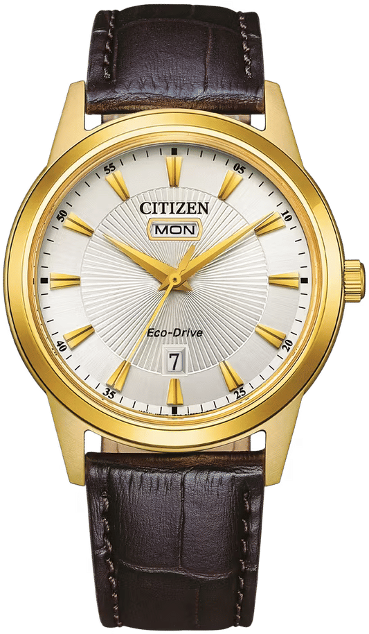Citizen Herren SolarUhr mit goldfarbenem Gehäuse, weißem Zifferblatt und braunem Lederarmband