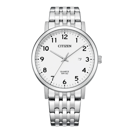 Citizen Herrenuhr mit weißem Zifferblatt, Edelstahlarmband und Datumsanzeige bei 3