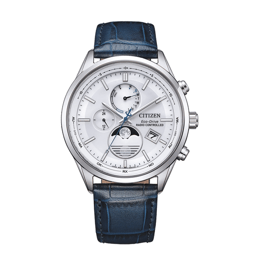 Herrenuhr mit silbernem Gehäuse, weißem Zifferblatt, blauem Lederband und Mondphase