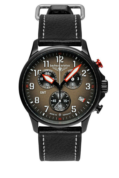 Bauhaus Aviation 2886-1 Herrenuhr Schwarz/Braun • GMT-Chronograph • Schweizer Quarzwerk ETA