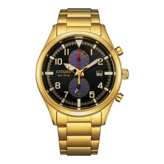 Goldfarbene Herrenuhr mit Chronograph, schwarzem Zifferblatt und Armband aus Metall