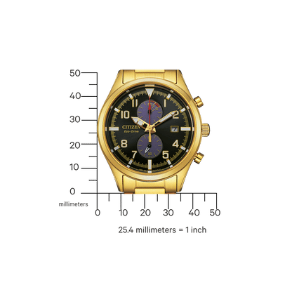 Goldfarbene Herrenuhr mit schwarzem Zifferblatt, roten Akzenten und Chronographenzählern