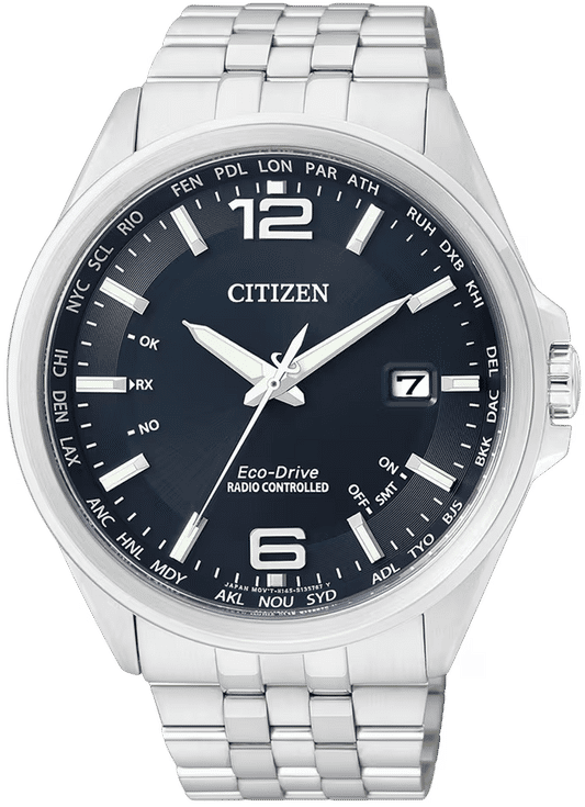 Citizen Eco-Drive Herrenuhr mit Edelstahlarmband, dunklem Zifferblatt und Datumsfenster