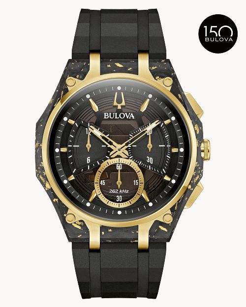 Bulova CURV 98A328 Herrenuhr Schwarz • Geschwungenes Saphirglas • Carbon & Gold Chronograph