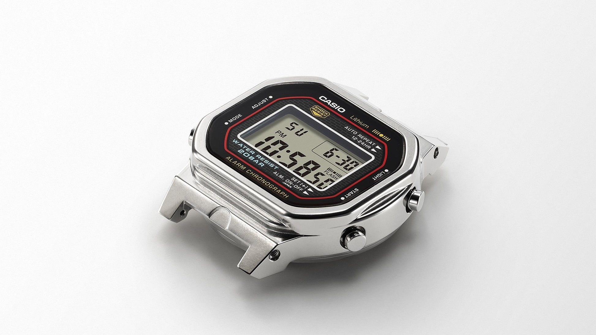 Casio G-Shock Digitaluhr mit silbernem Gehäuse-Detail und Digitaldisplay