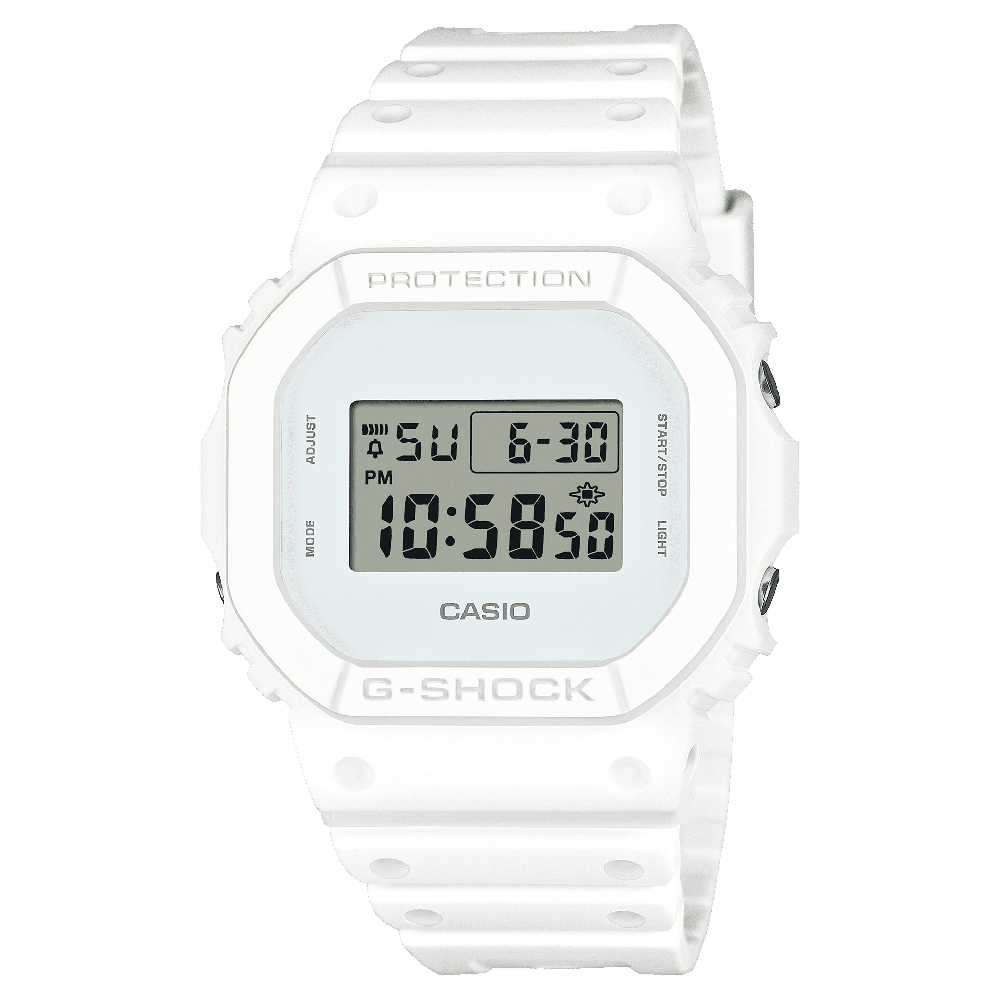 Weiße Quarz-Digitaluhr von Casio mit großem LCD-Display und geripptem Kunststoffband