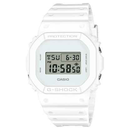 Weiße Quarz-Digitaluhr von Casio mit großem LCD-Display und geripptem Kunststoffband