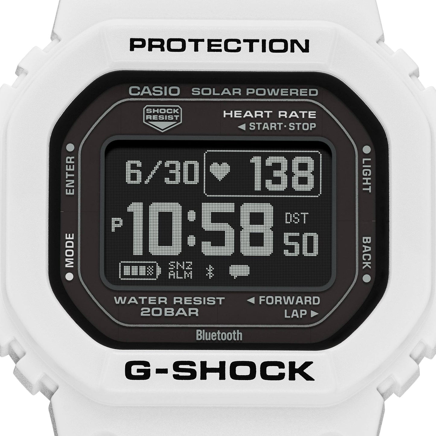 Casio G-SHOCK Herrenuhr mit schwarzem Digitaldisplay und weißem Gehäuse