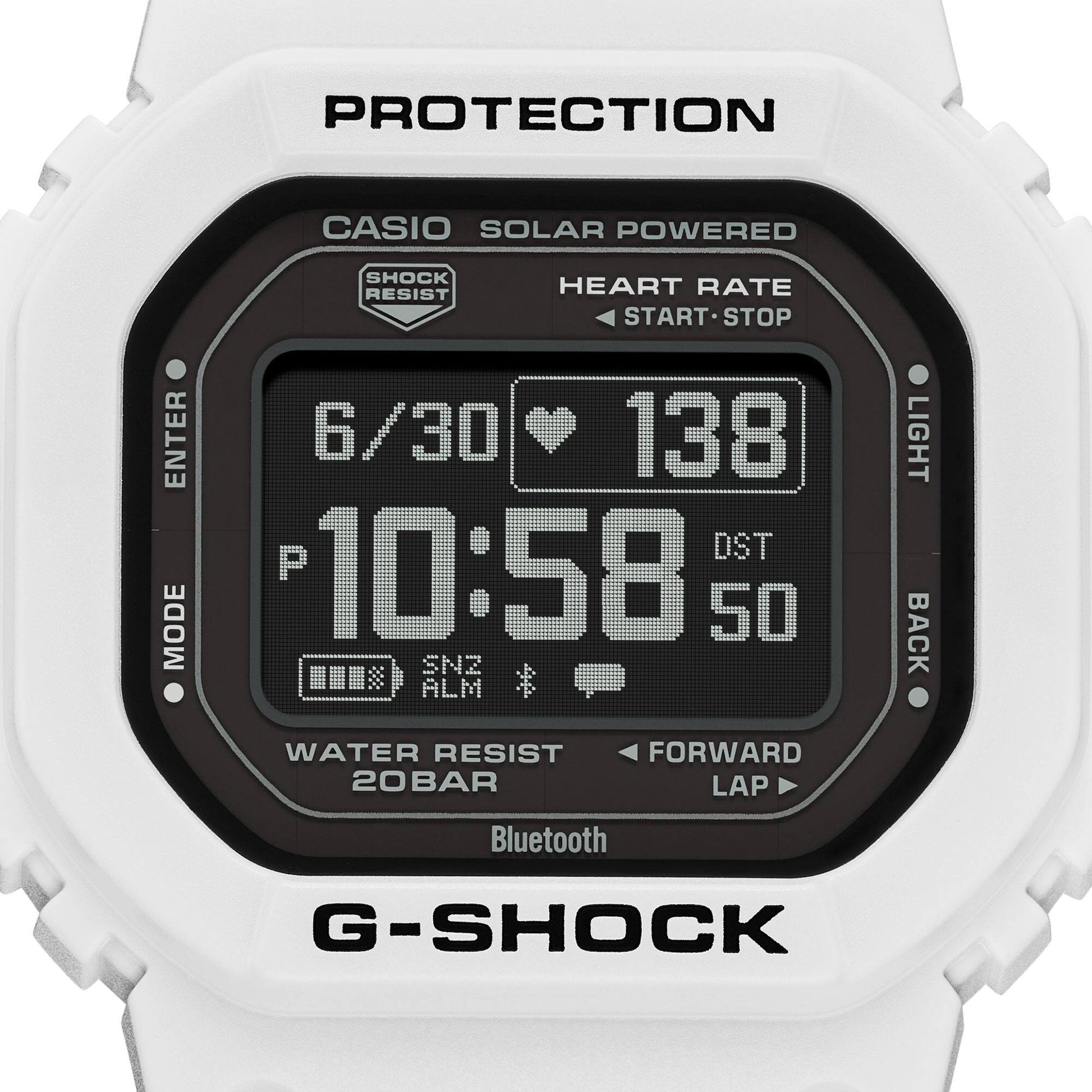 Casio G-SHOCK Herrenuhr mit schwarzem Digitaldisplay und weißem Gehäuse