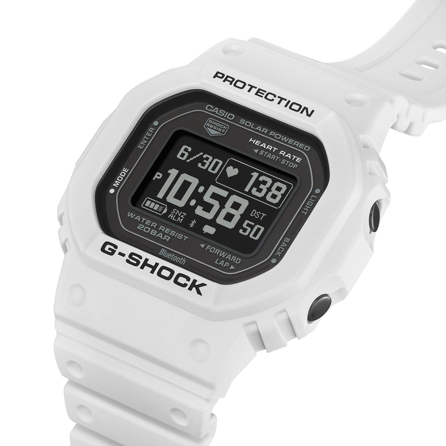 Casio G-SHOCK Herrenuhr mit Digitalanzeige, weißem Gehäuse und Armband