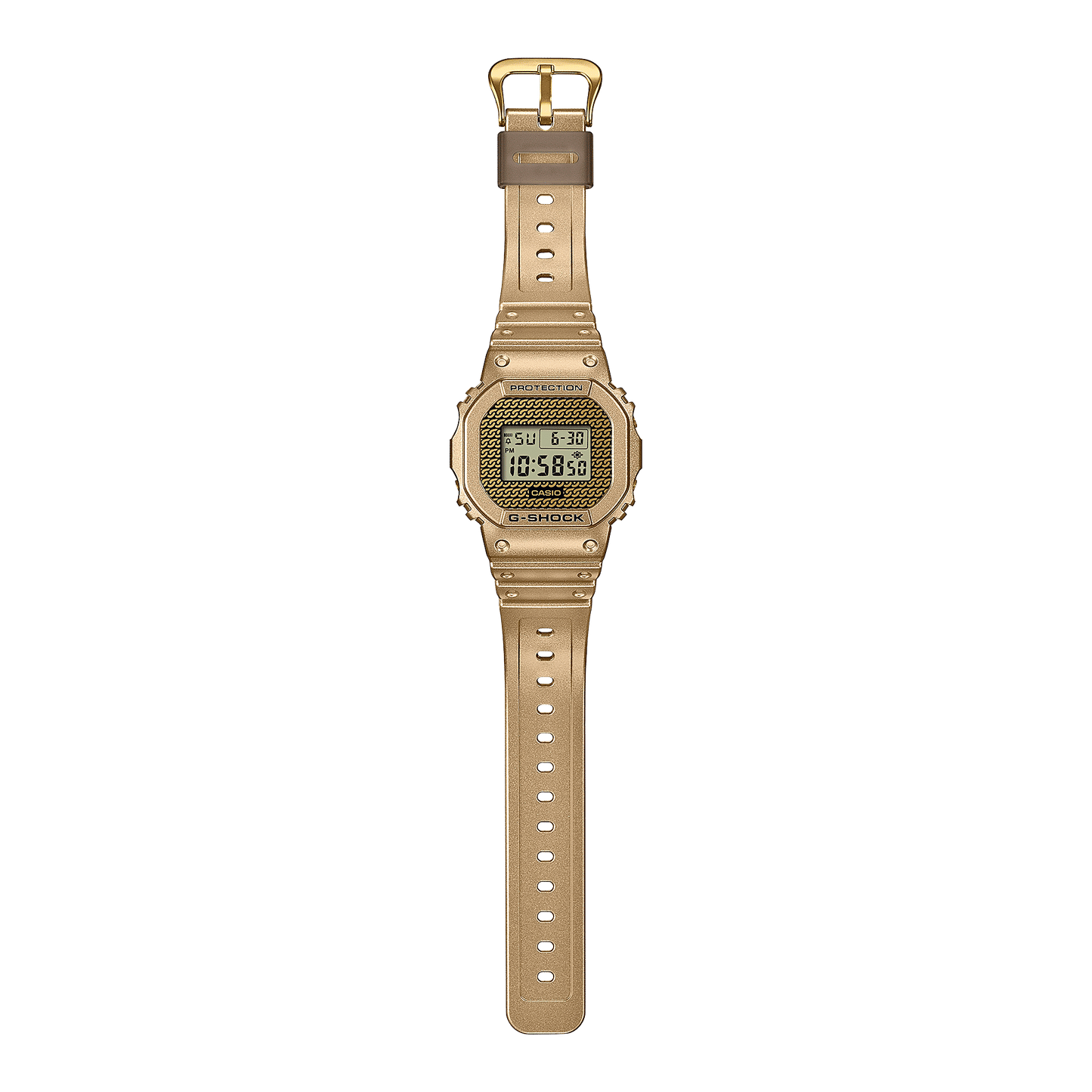 Goldfarbene G-SHOCK Armbanduhr mit Digital-Display am durchlöcherten Armband