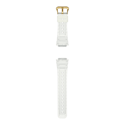 Weiße G-SHOCK Armbanduhr mit digitalem Display und strukturiertem Armband
