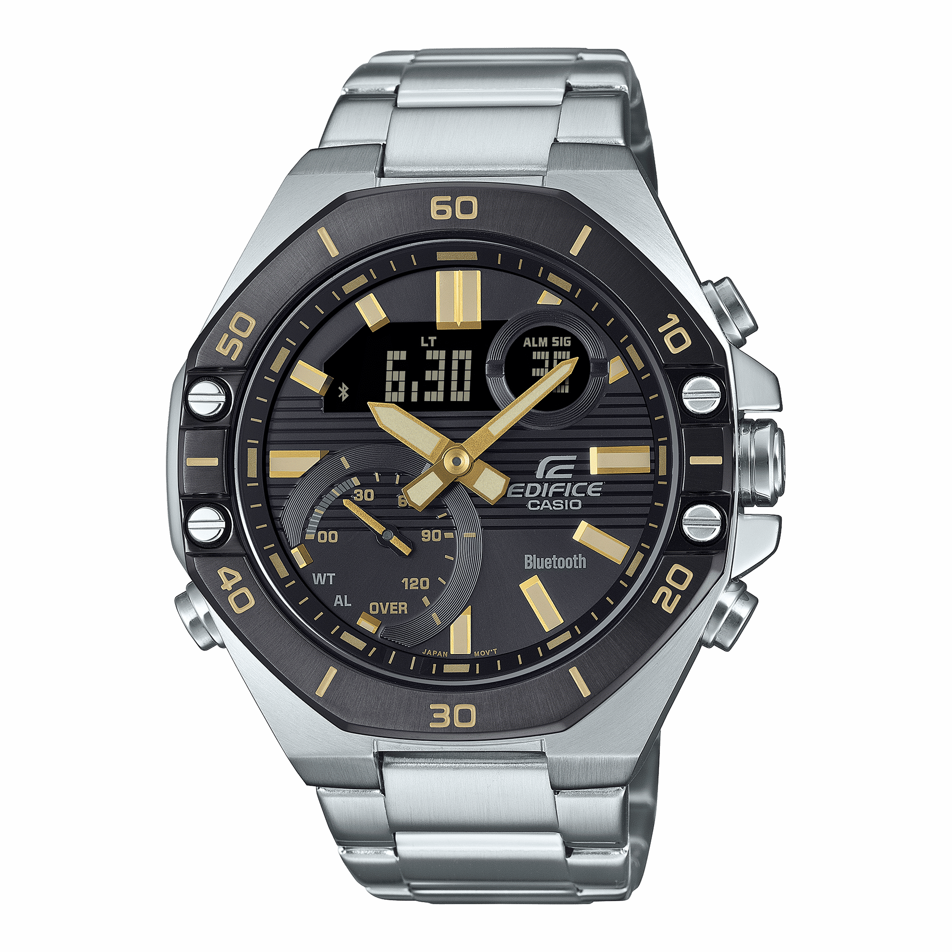 Herrenarmbanduhr, schwarzes Zifferblatt mit Funktionsanzeigen, goldene Zeiger, Edelstahlarmband, Bluetooth