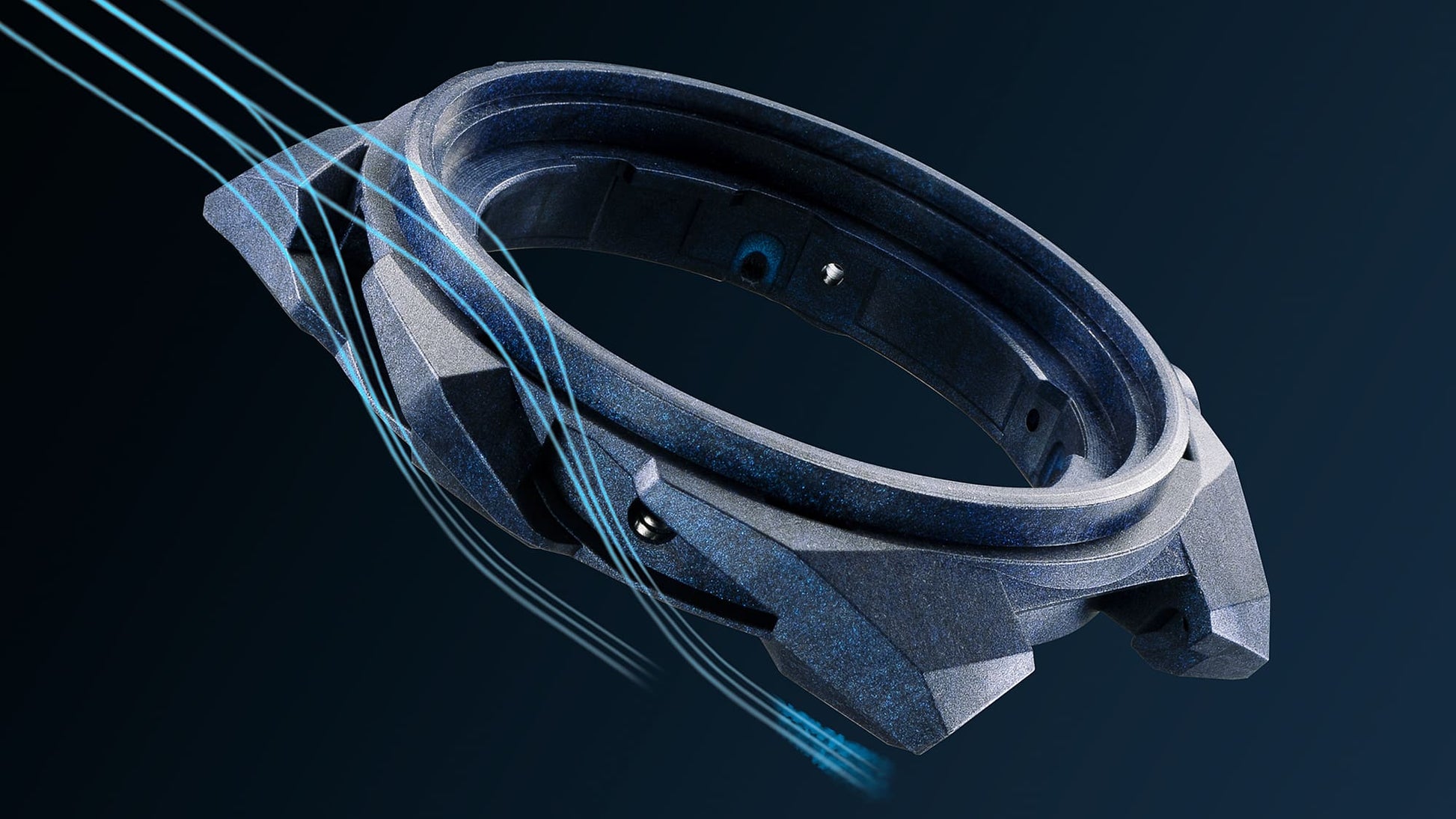 Ansicht einer blauen Armbanduhr mit sichtbarer Krone und Band, seitlich ausgerichtet
