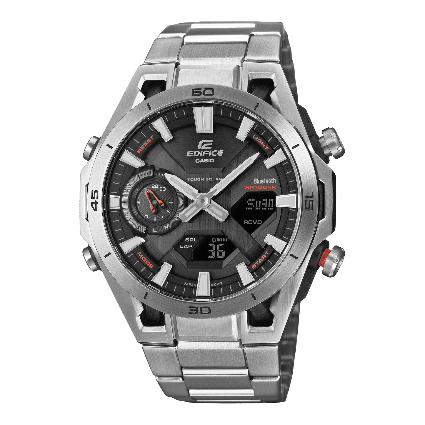 Casio EDIFICE Herrenarmbanduhr mit silberfarbenem Gehäuse und schwarzem, mehrteiligen Zifferblatt