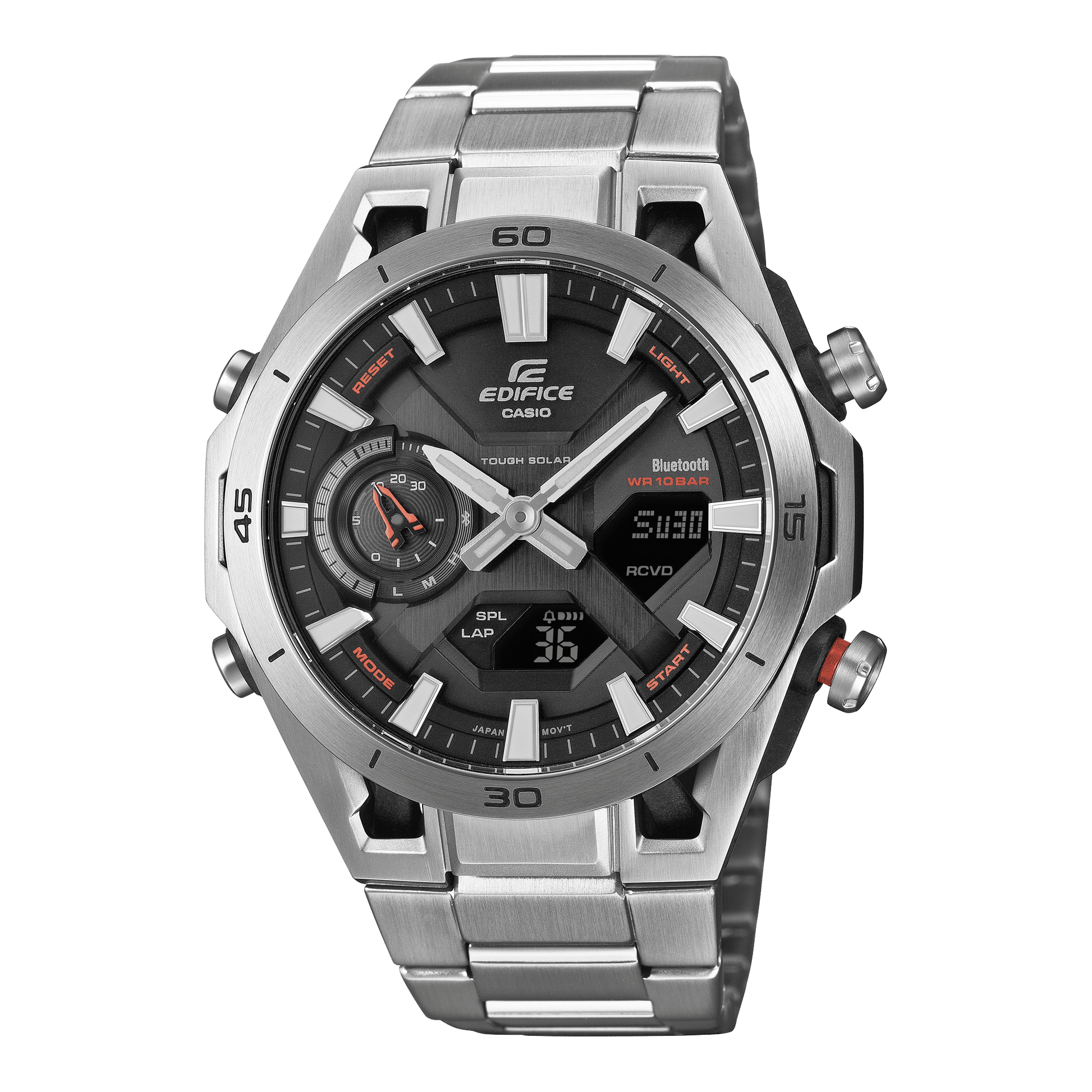 Casio EDIFICE Herrenarmbanduhr mit silberfarbenem Gehäuse und schwarzem, mehrteiligen Zifferblatt