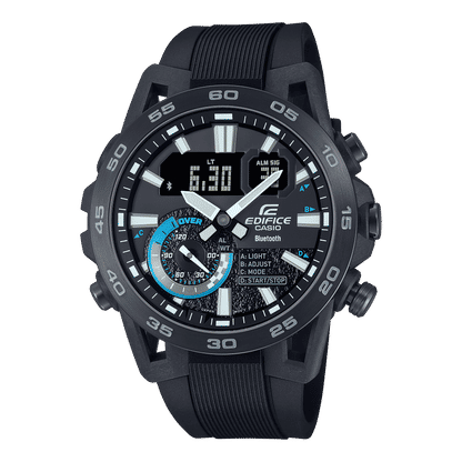 Casio Edifice Herrenuhr, Sportarmband in Schwarz, schwarze Lünette mit Leuchtmarken und Bluetooth-Text