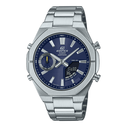 Edifice Herrenuhr blaues Zifferblatt mit sichtbaren Zeigern und Metallarmband
