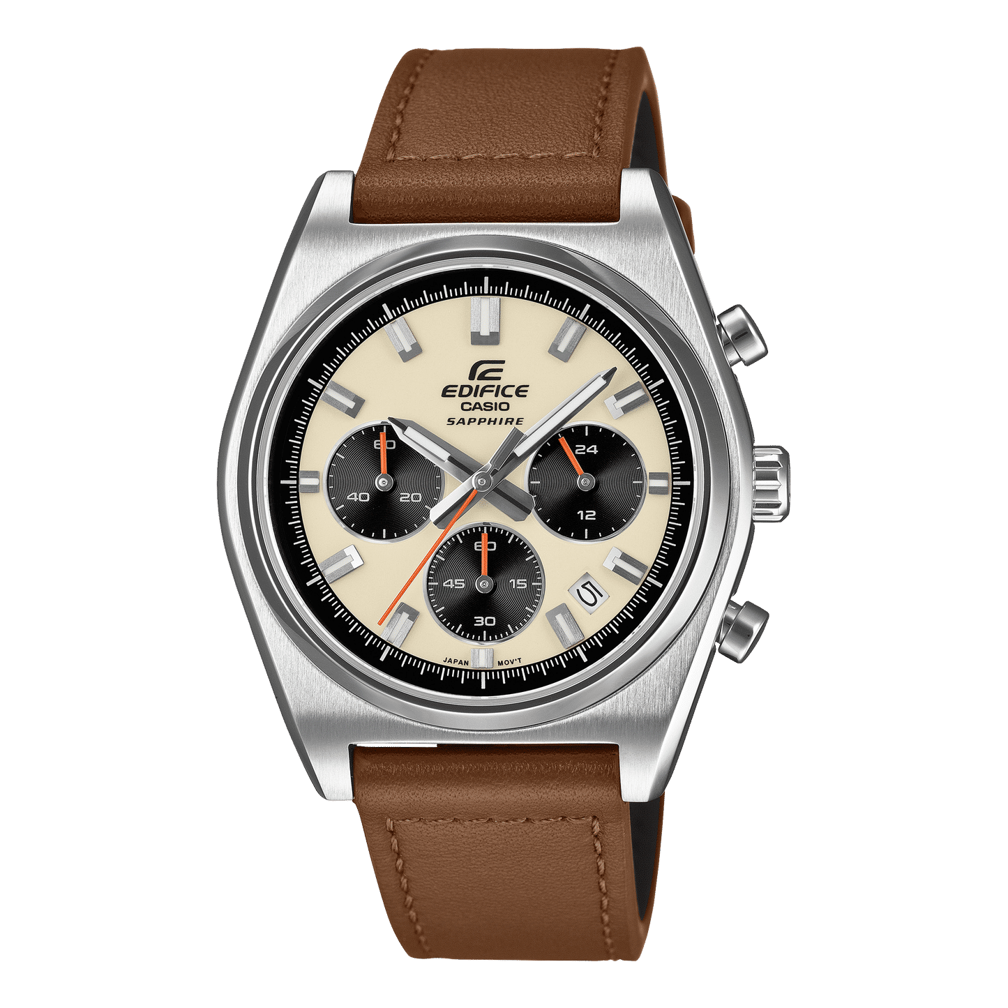 Herren-Chronograph mit beigem Zifferblatt, braunem Lederarmband und runder Stahl-Lünette