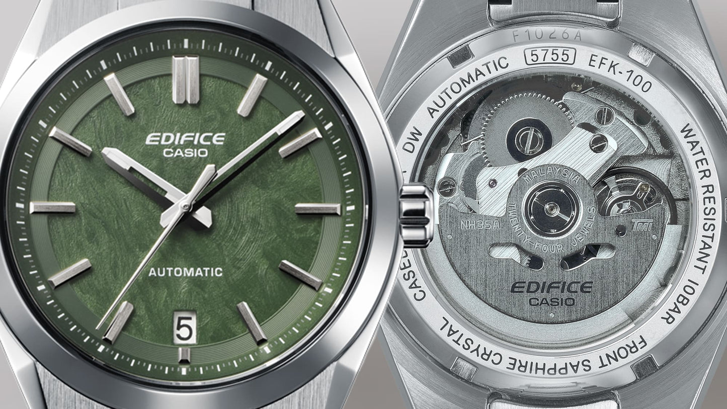 Casio Edifice Herrenarmbanduhr mit Sicht auf das Automatikwerk, Saphirglas